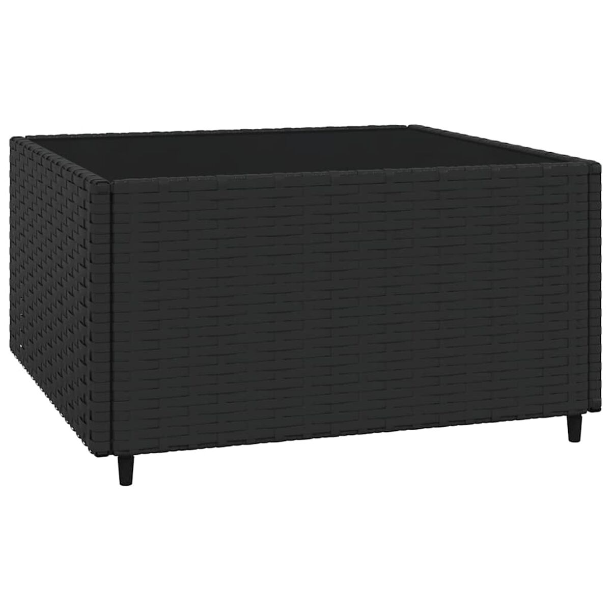 Quadratischer Couchtisch aus schwarzem Korbgeflecht mit schwarzer Glasplatte.