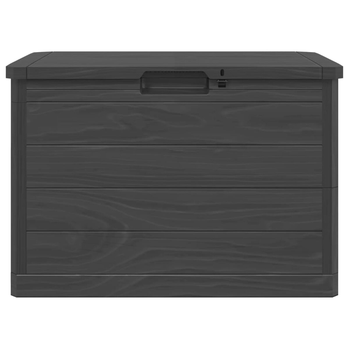 Dunkelgraue Aufbewahrungsbox für draußen mit Griff und Holzmaserung.