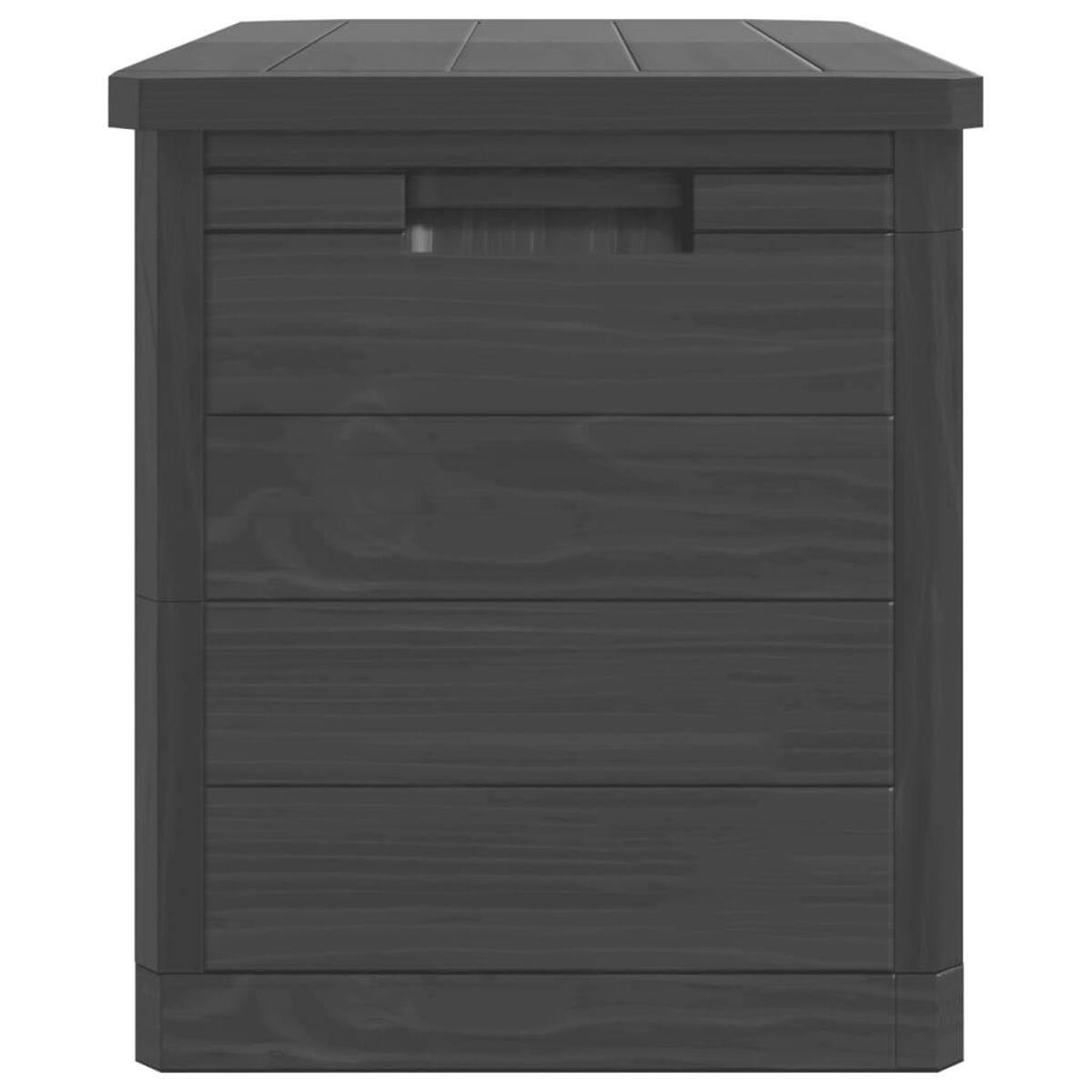 Dunkelgrauer Holzschrank mit drei horizontalen Schubladen und einem Griff. Die Oberseite ist flach.