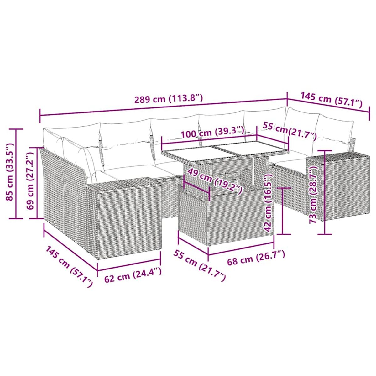 Set di mobili da esterno in rattan con dimensioni in cm e pollici. Include divano, tavolo e sedia.