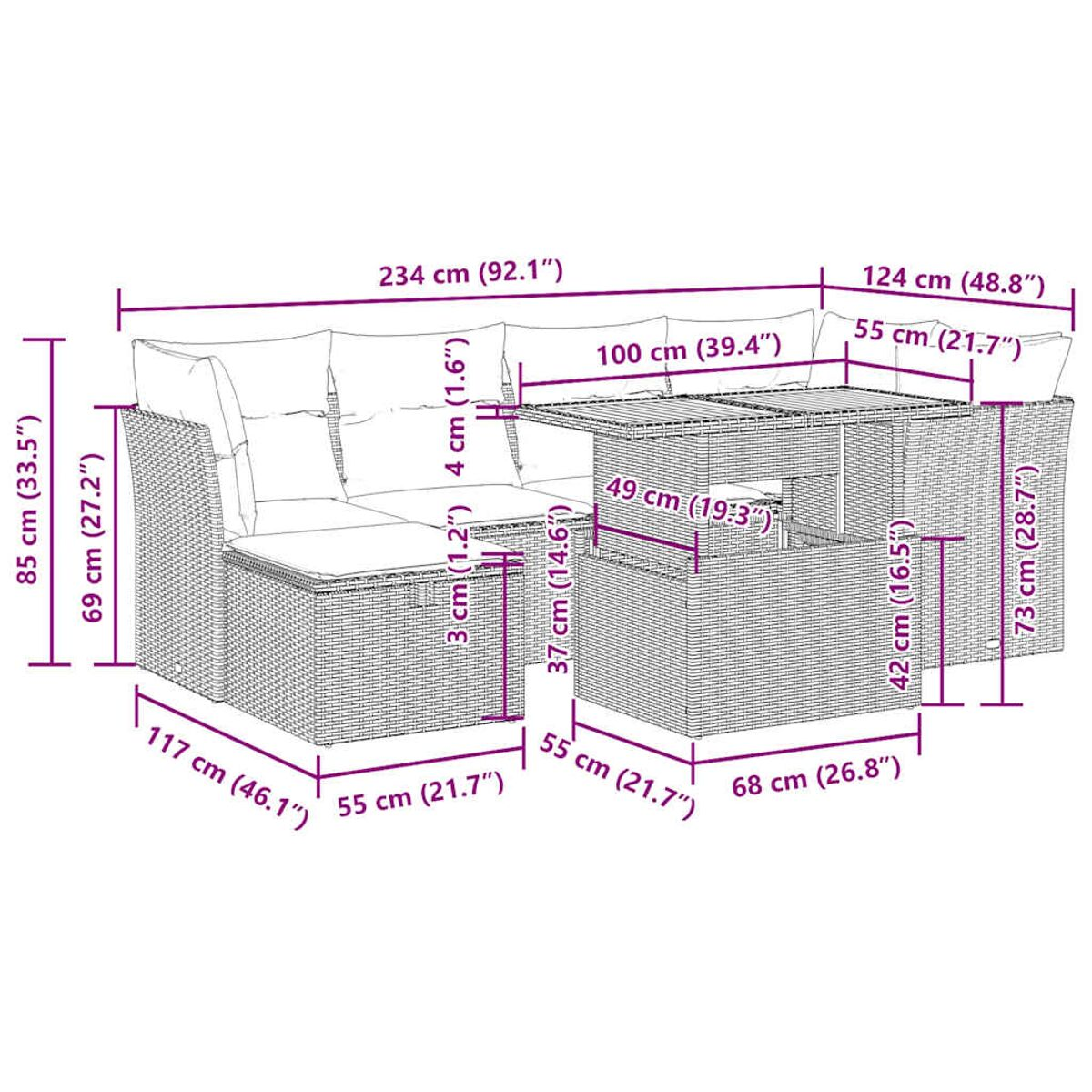 Set divano componibile in rattan da esterno con dimensioni. Sfondo bianco.