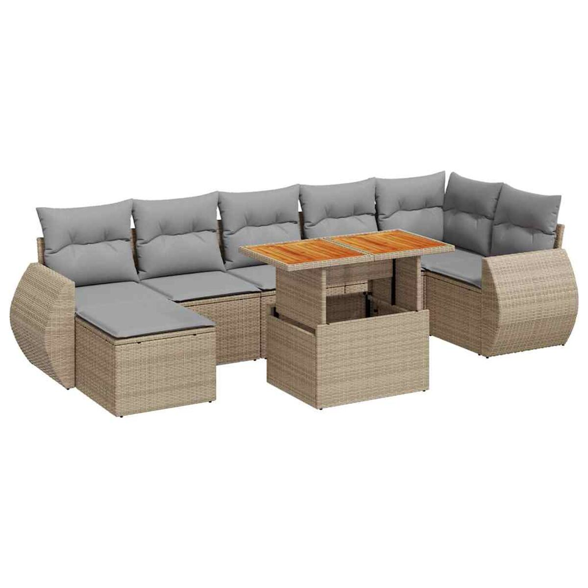 Un divano angolare in rattan beige con tavolo elevabile, cuscini grigi, su sfondo bianco.