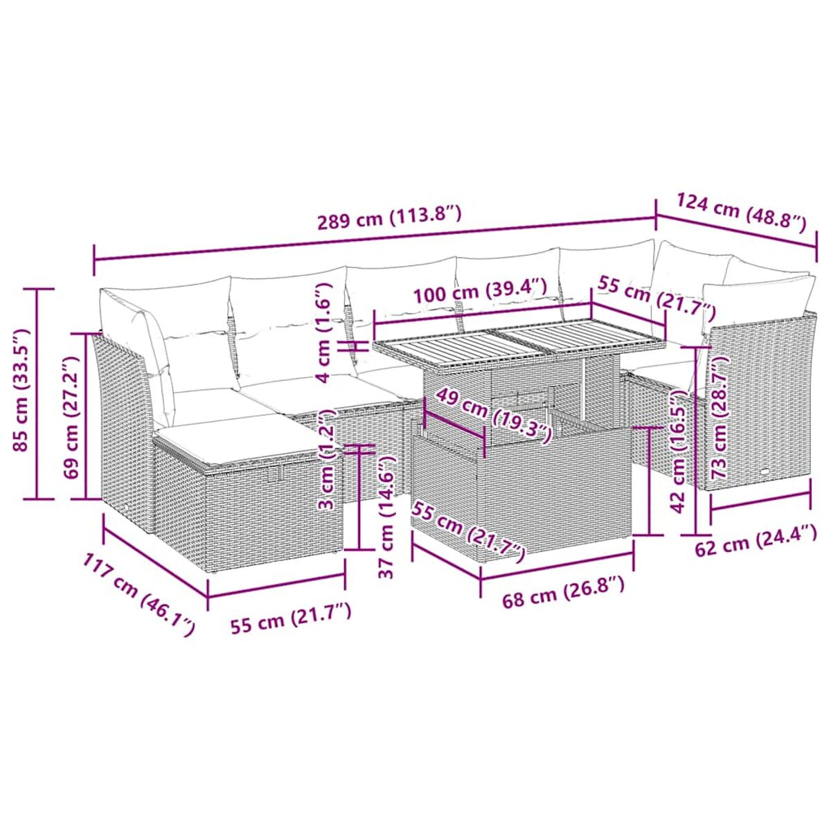 Geflochtenes Gartenmöbel-Set mit Maßangaben. Enthält Sofa, Tisch und Stühle.