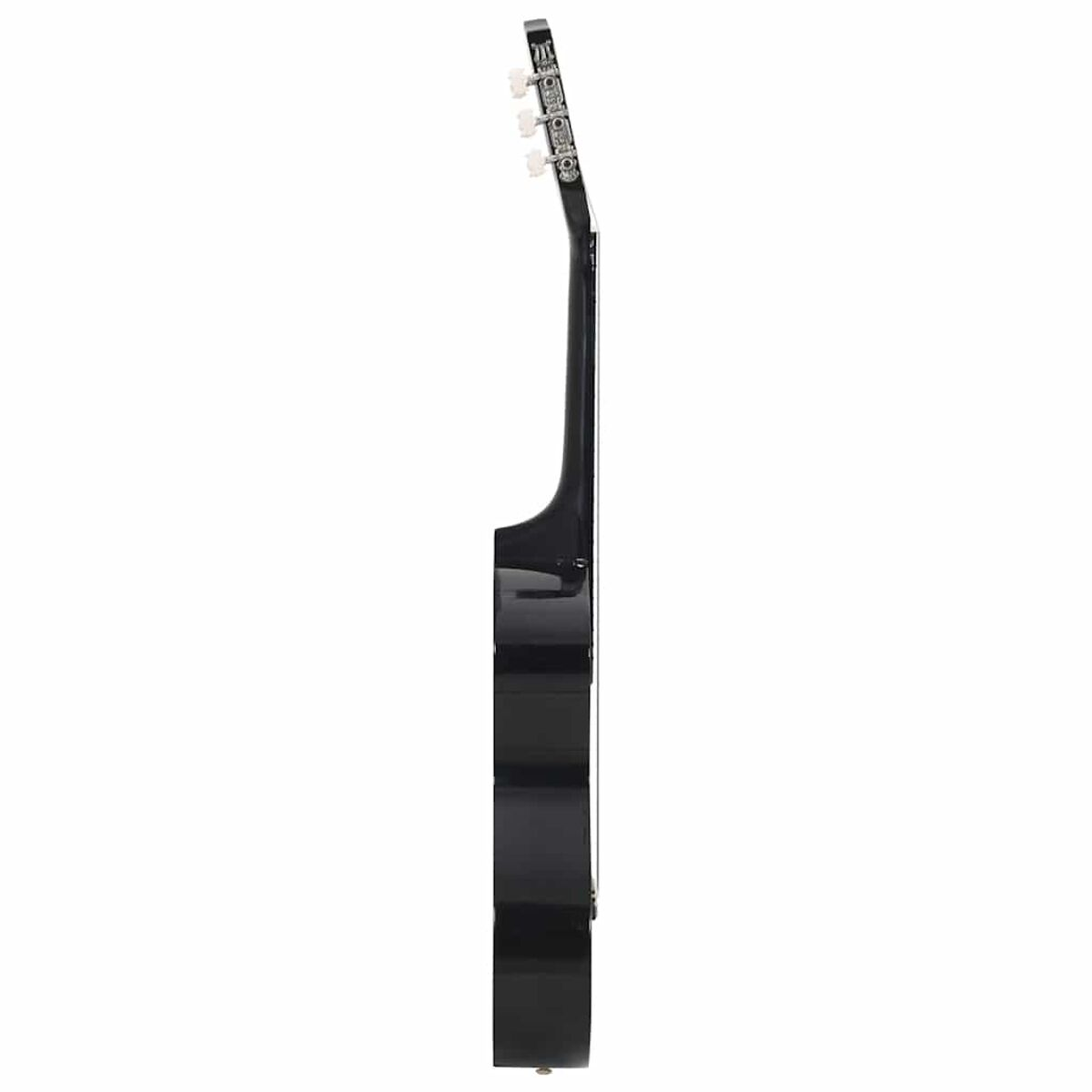 Eine schwarze Gitarre wird von der Seite mit weißen Stimmwirbeln gezeigt.