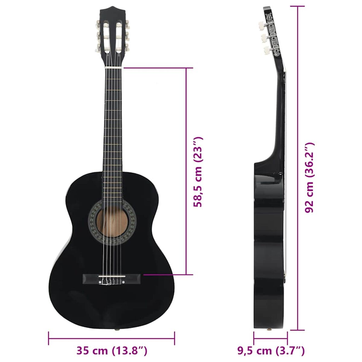 Schwarze Akustikgitarre. Maße: 58,5 cm Höhe, 35 cm Breite und 9,5 cm Tiefe.