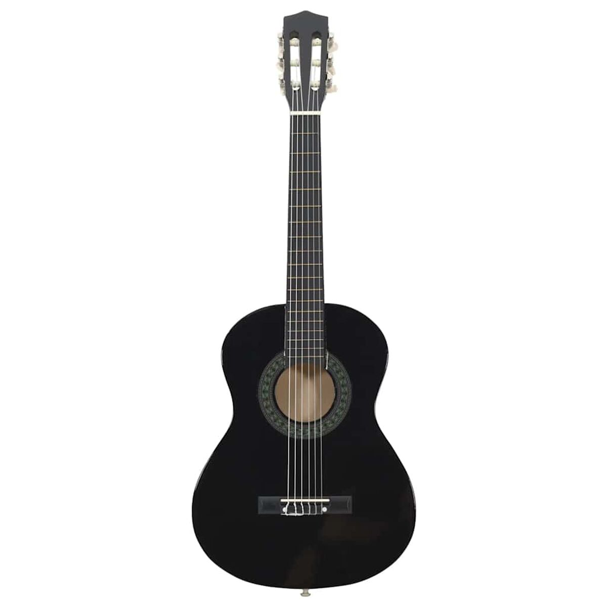 Eine schwarze Akustikgitarre. Die Gitarre ist zentriert und dem Betrachter zugewandt. Weißer Hintergrund.
