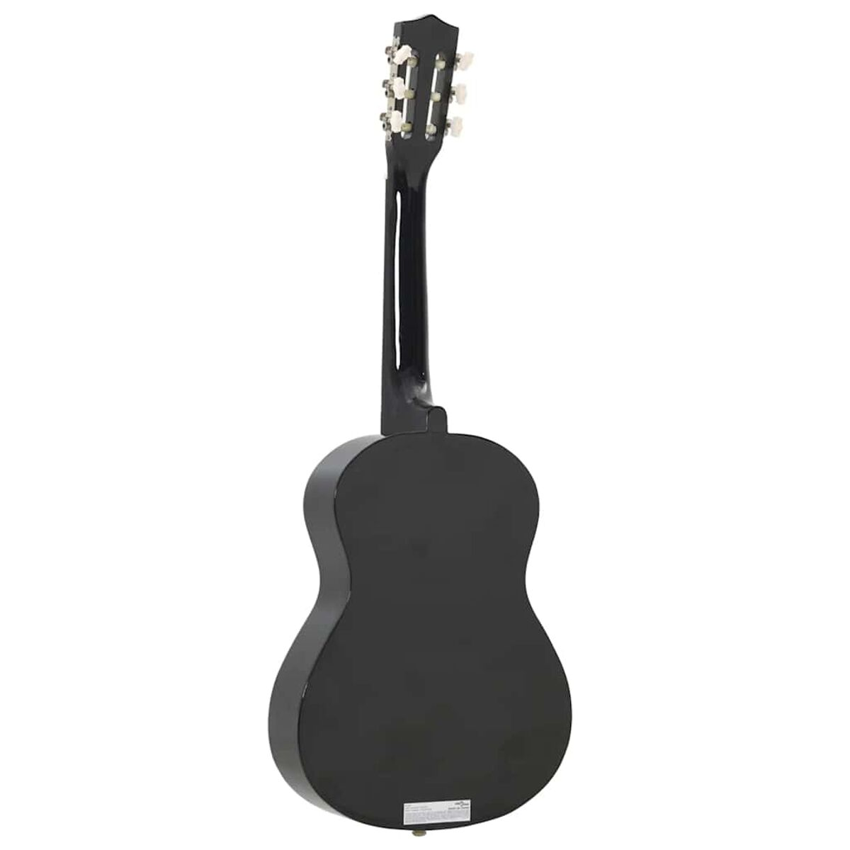 Schwarze Akustikgitarre, Rückansicht, mit weißen Stimmwirbeln, auf weißem Hintergrund.