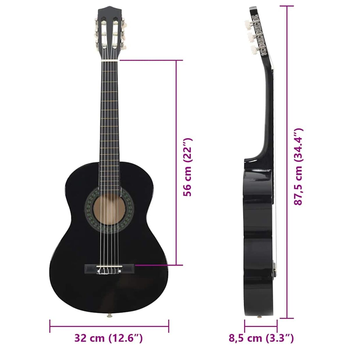 Eine schwarze klassische Gitarre mit Maßen. Sie steht vor einem weißen Hintergrund. Die Gitarre ist im Profil.