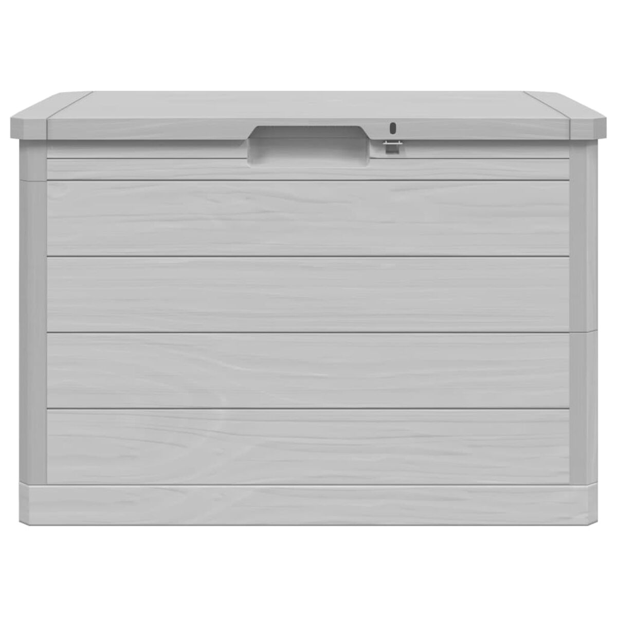 Graue Outdoor-Aufbewahrungsbox mit horizontalen Holzoptik-Paneelen.