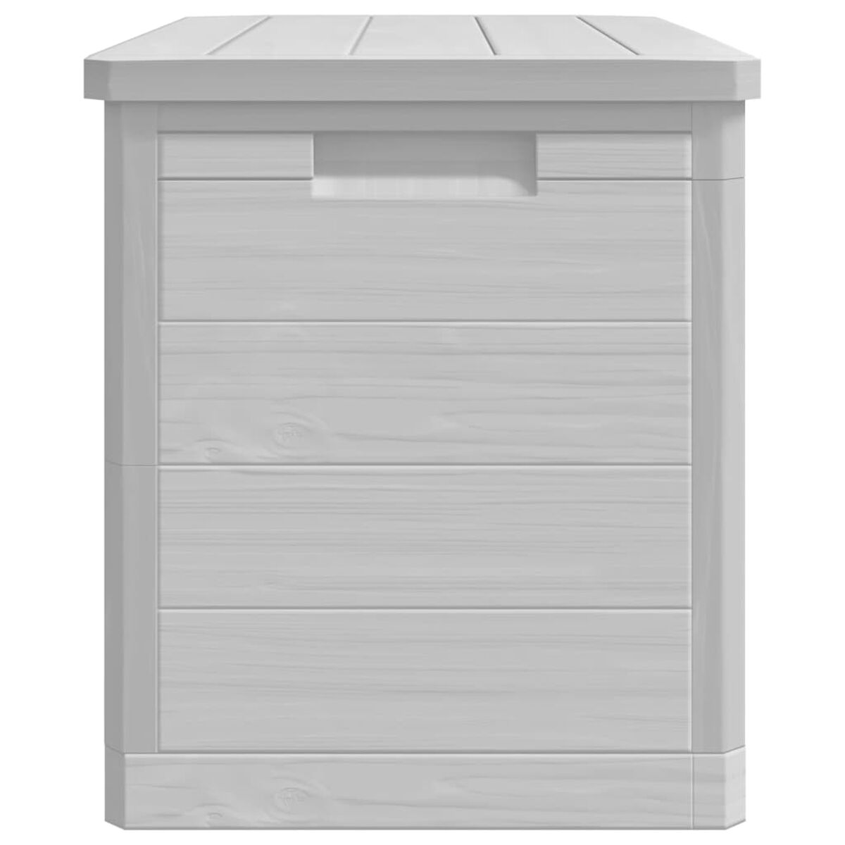 Weißer Holzschrank mit horizontaler Vertäfelung und einem Griff. Weißer Hintergrund.