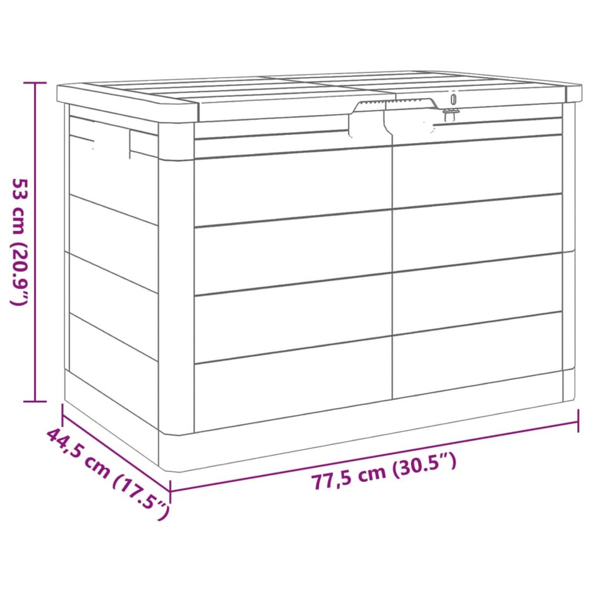 Eine schwarze und graue Aufbewahrungsbox mit Abmessungen in cm und Zoll.