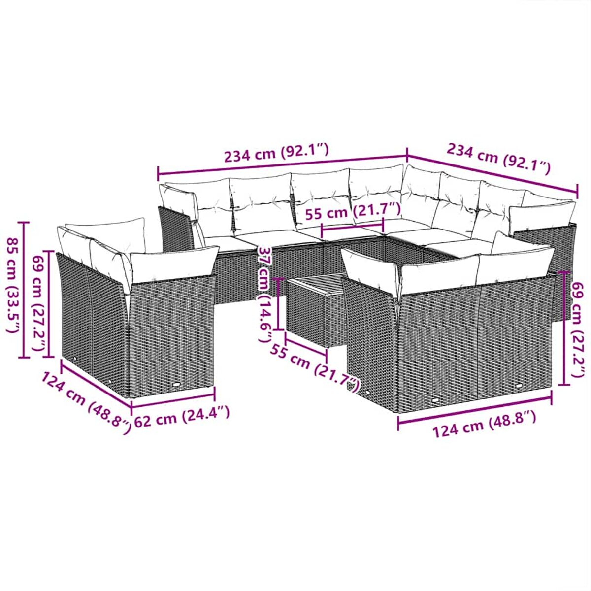 Un set di mobili da esterno componibili con dimensioni. Include divani e sedie.
