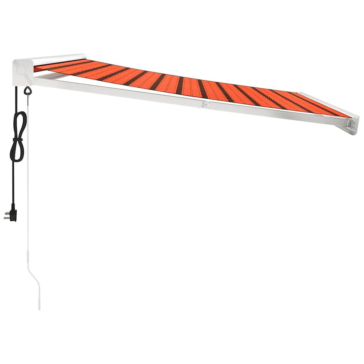 Orange und schwarz gestreifte Markise, weißer Rahmen und Netzkabel.