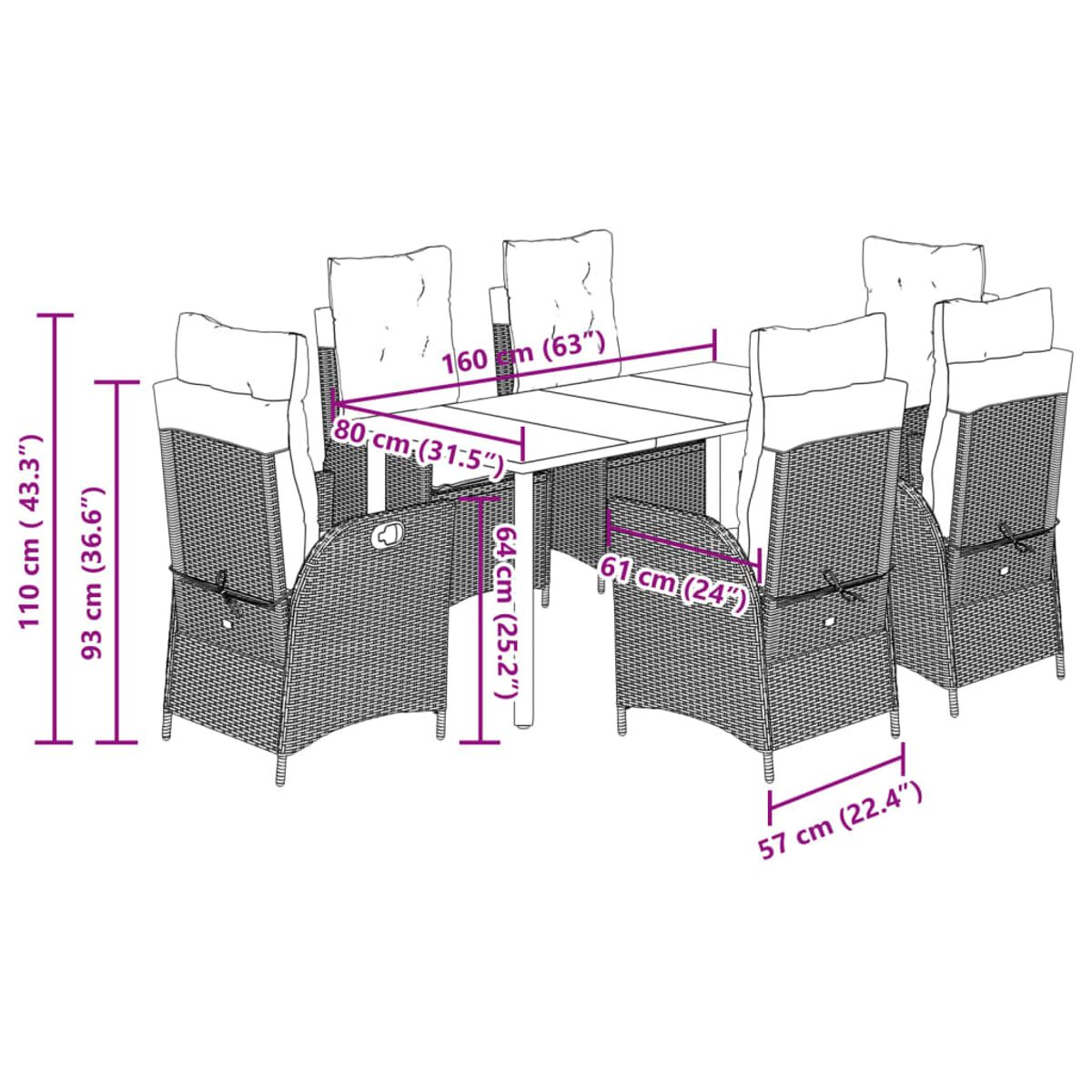 Essgruppe mit rechteckigem Tisch und sechs Korbstühlen mit Maßen.