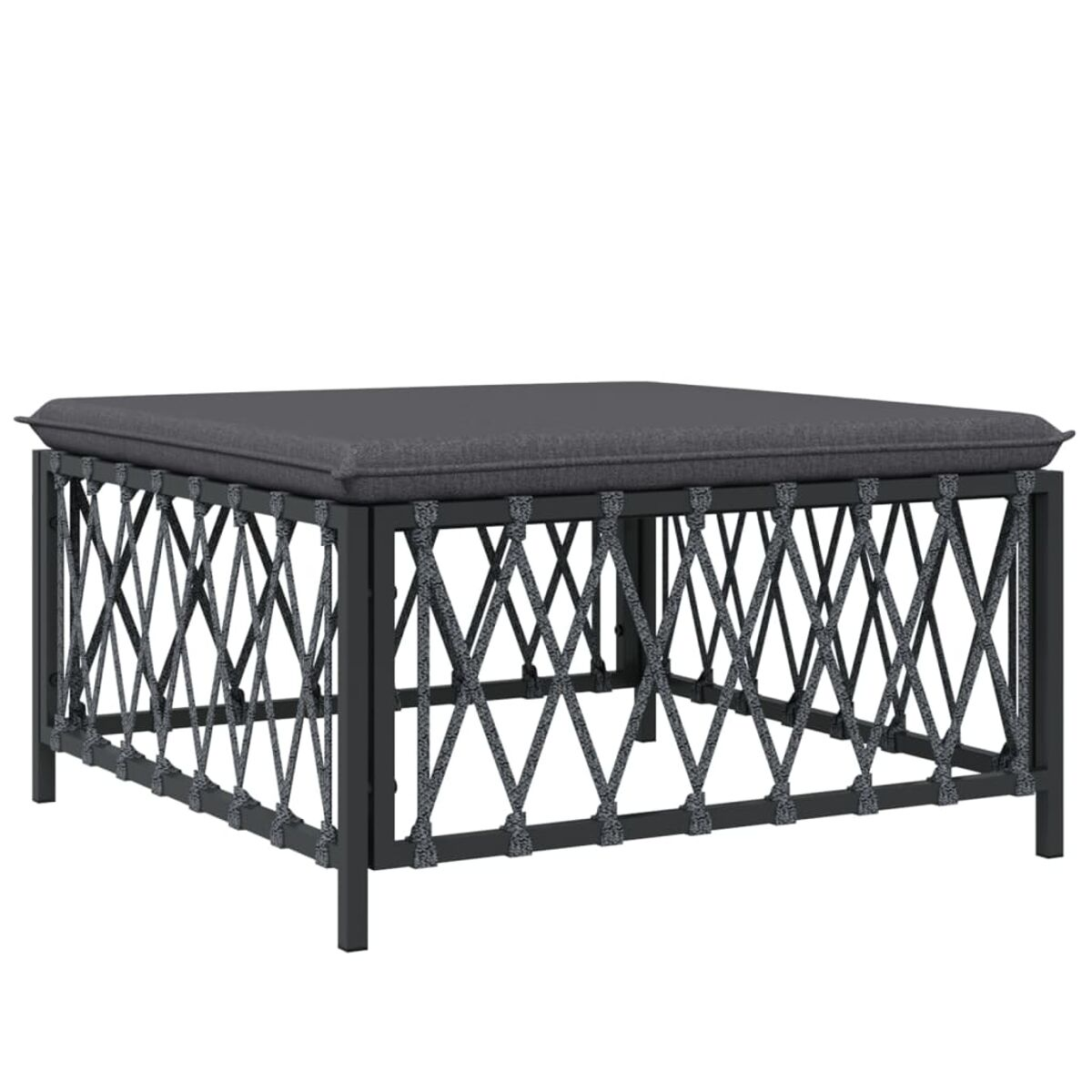 Quadratischer Couchtisch, dunkelgraues Kissen, Metallrahmen, gekreuztes Seildesign.