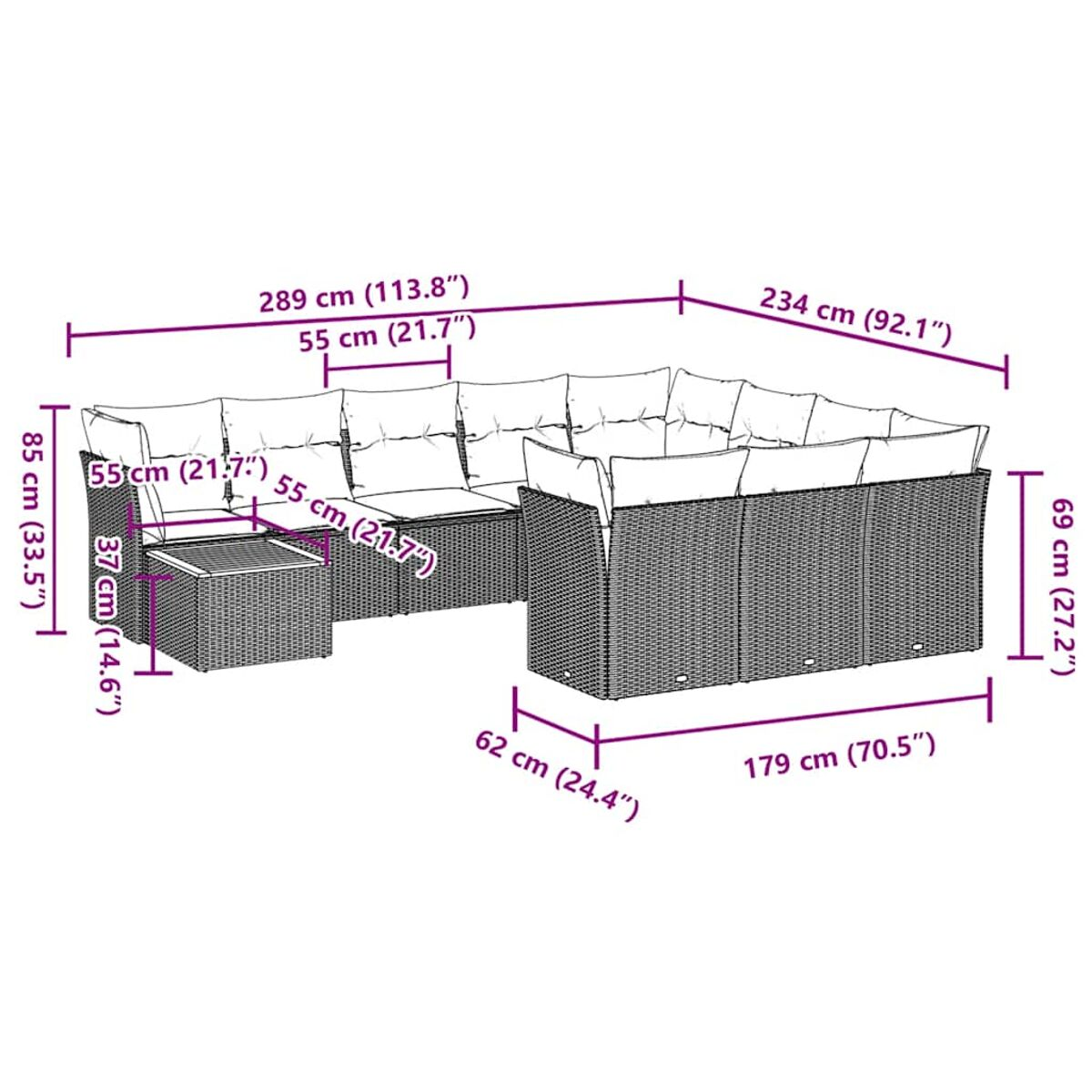 Diagramma con dimensioni di un set di mobili in rattan da esterno. Testo e frecce. Sfondo bianco.