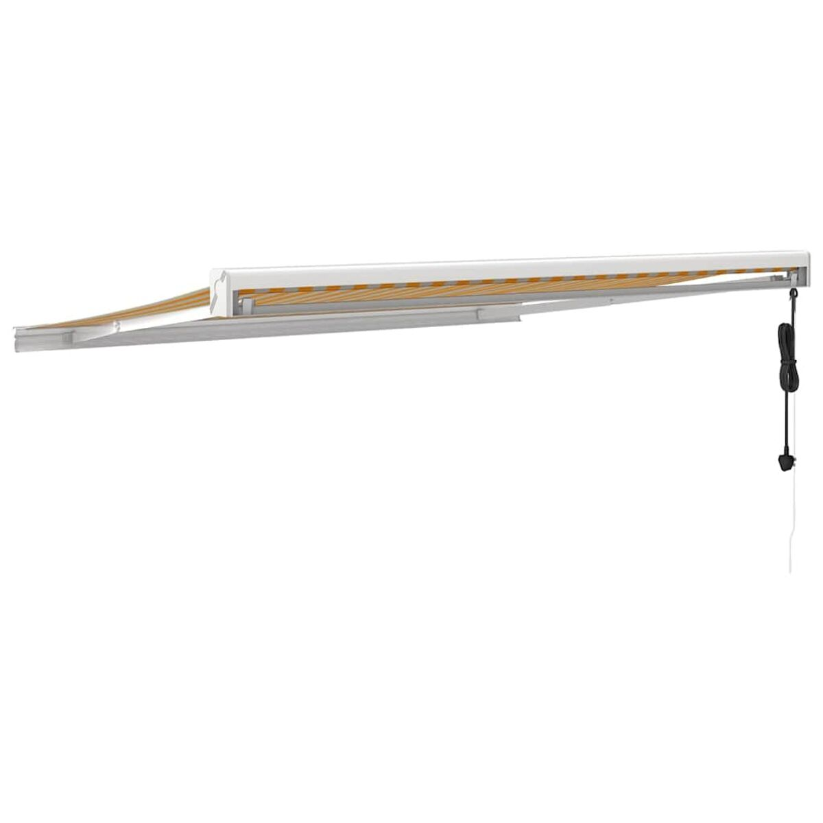 Weiß-beige Markise mit schwarzem Kabel. Die Markise ist ausgefahren und an einer weißen Wand befestigt.