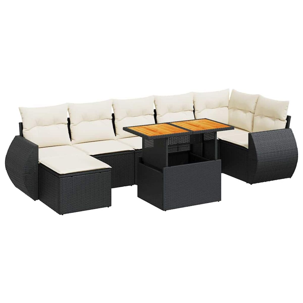 Divano componibile in vimini nero con cuscini color crema e tavolo in legno con piano sollevabile.