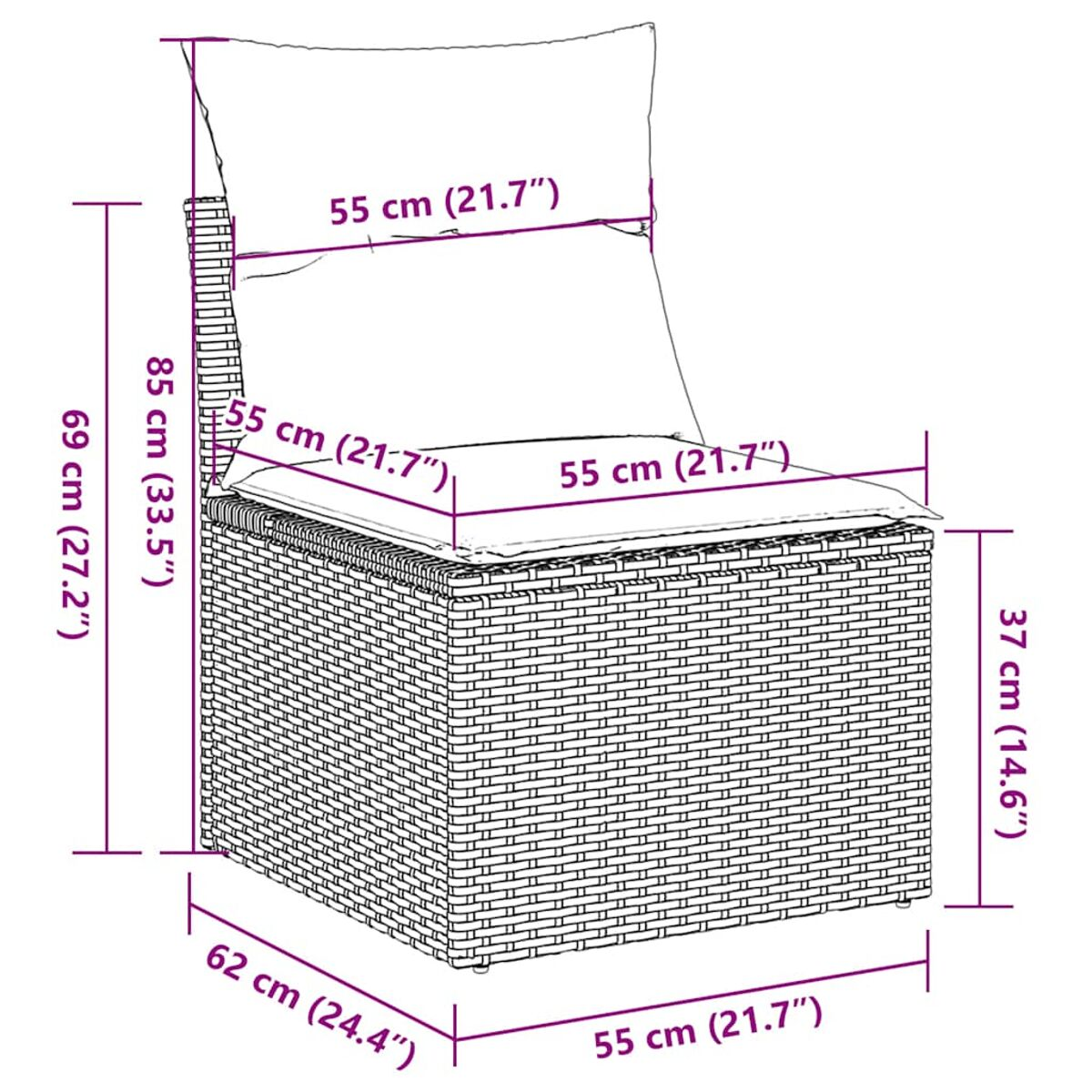 Sedia in vimini con dimensioni, cuscini e diagramma.