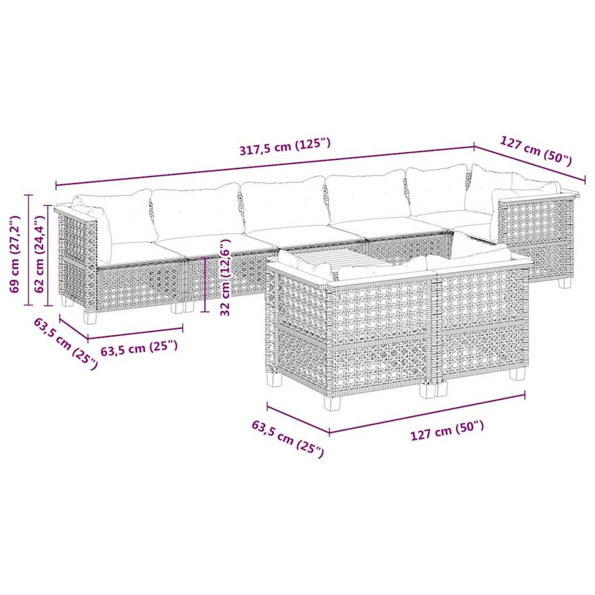 Set divano componibile da esterno con dimensioni. Cuscini bianchi, struttura intrecciata e tavolo.