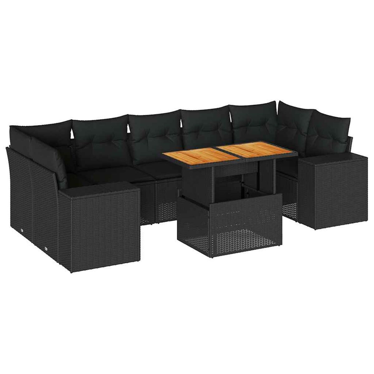Set di mobili da esterno in vimini nero con tavolo e cuscini neri. Su sfondo bianco.
