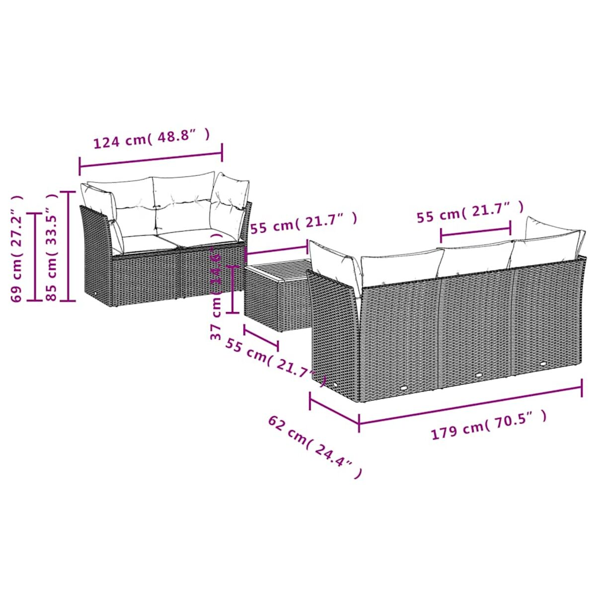 Diagramma di un set di divani da esterno con dimensioni in cm e pollici.