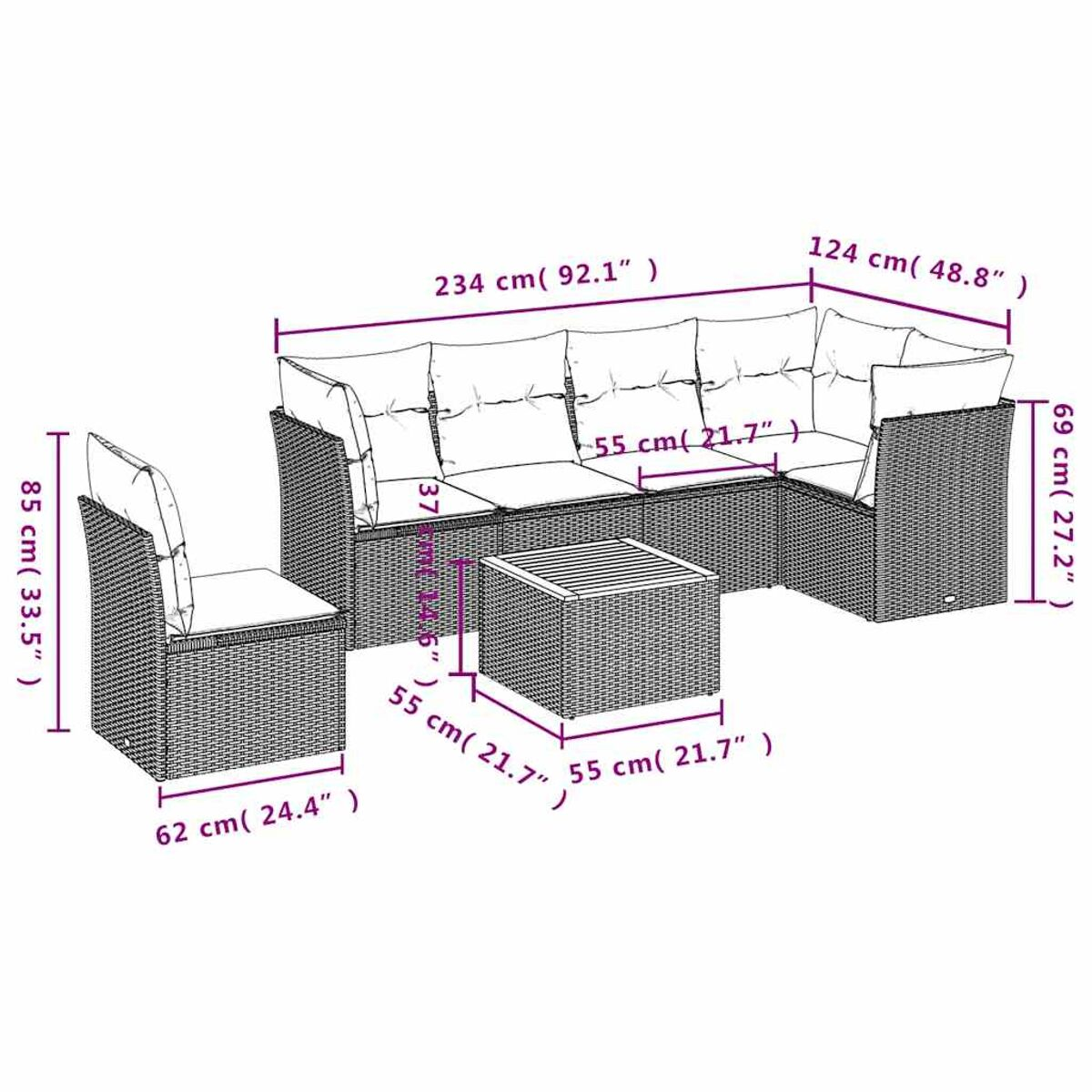 Gartenmöbel-Set mit Abmessungen. Verfügt über ein Ecksofa und einen quadratischen Tisch.