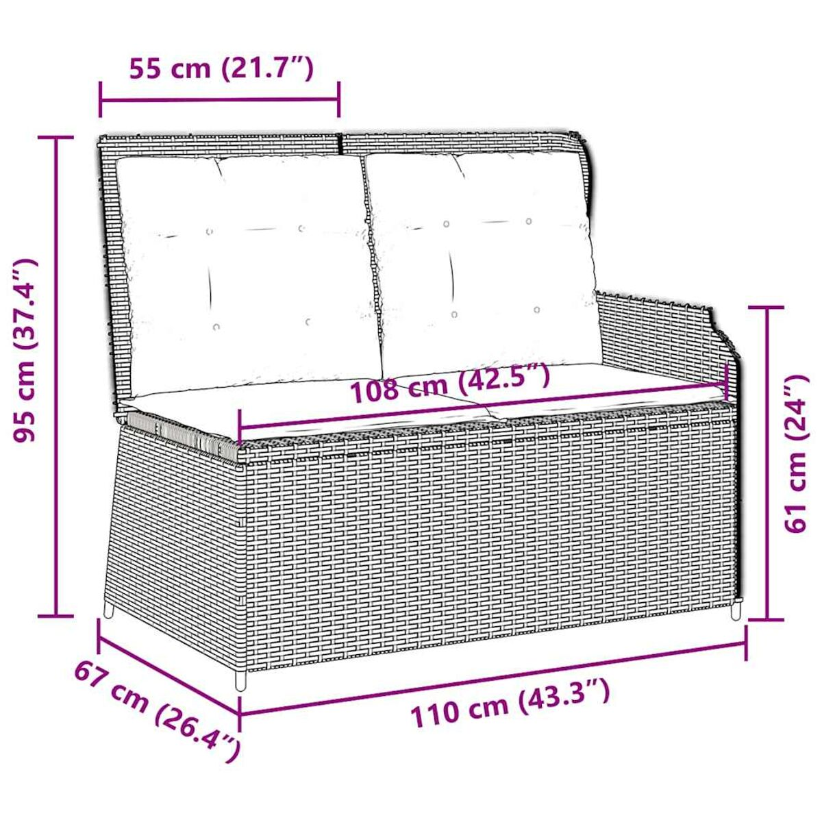 Un divanetto in vimini da esterno con dimensioni etichettate in centimetri.