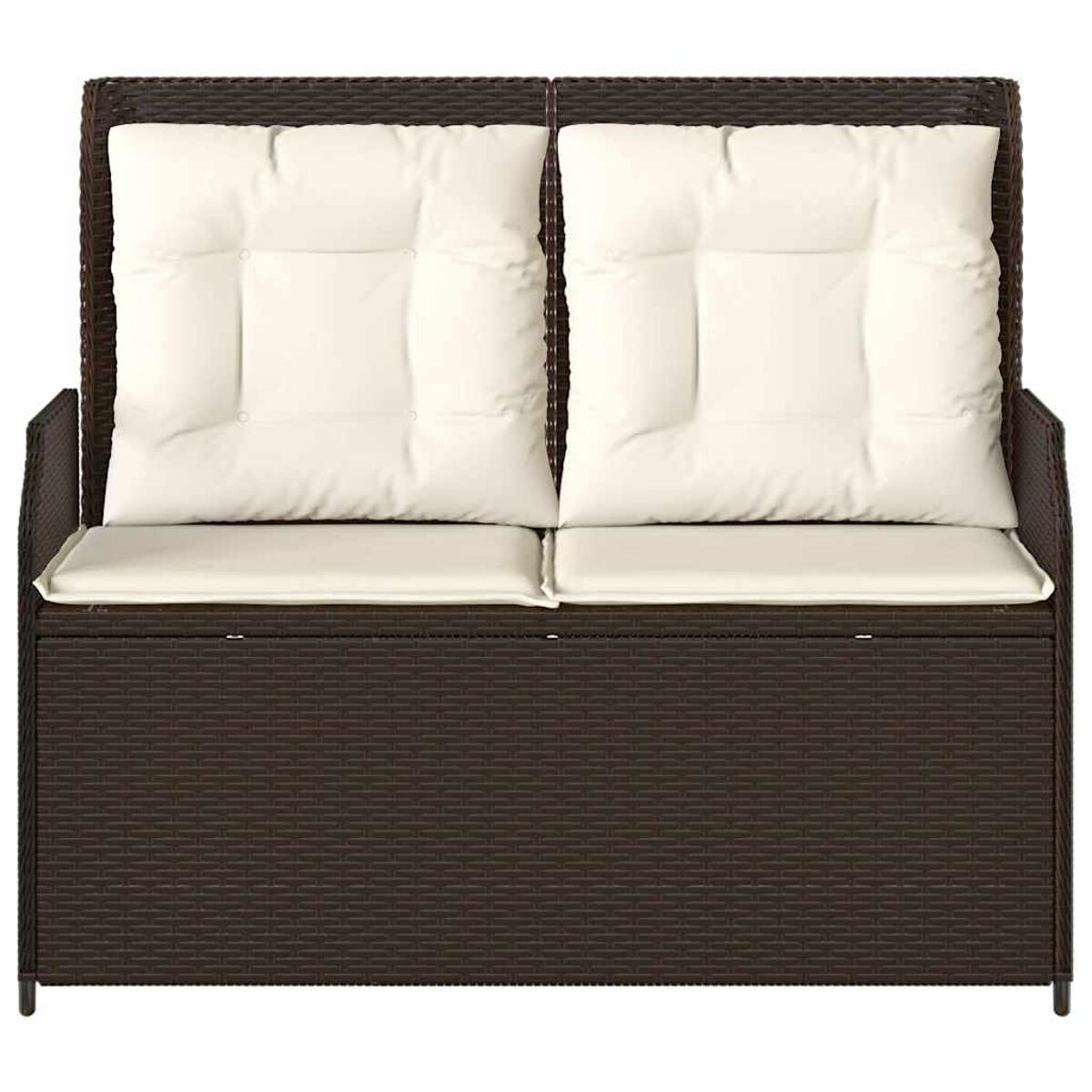Divanetto in vimini marrone scuro con due cuscini bianchi. Cornice marrone scuro. Sfondo bianco.