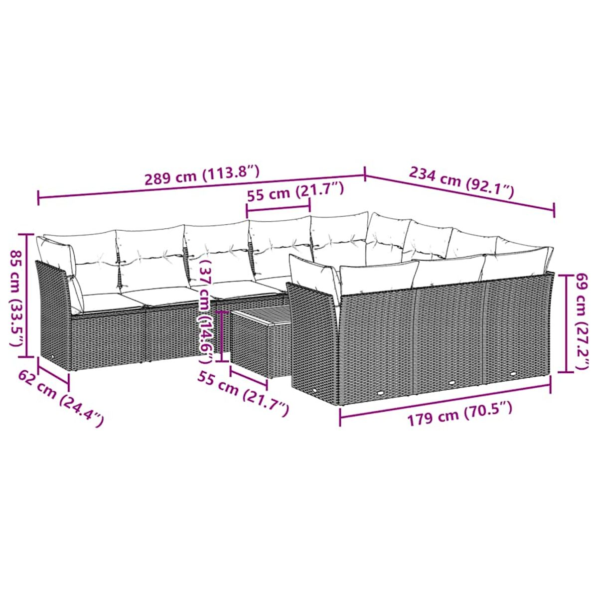 Rattansofa-Set mit Maßen, auf weißem Hintergrund, für den Außenbereich.