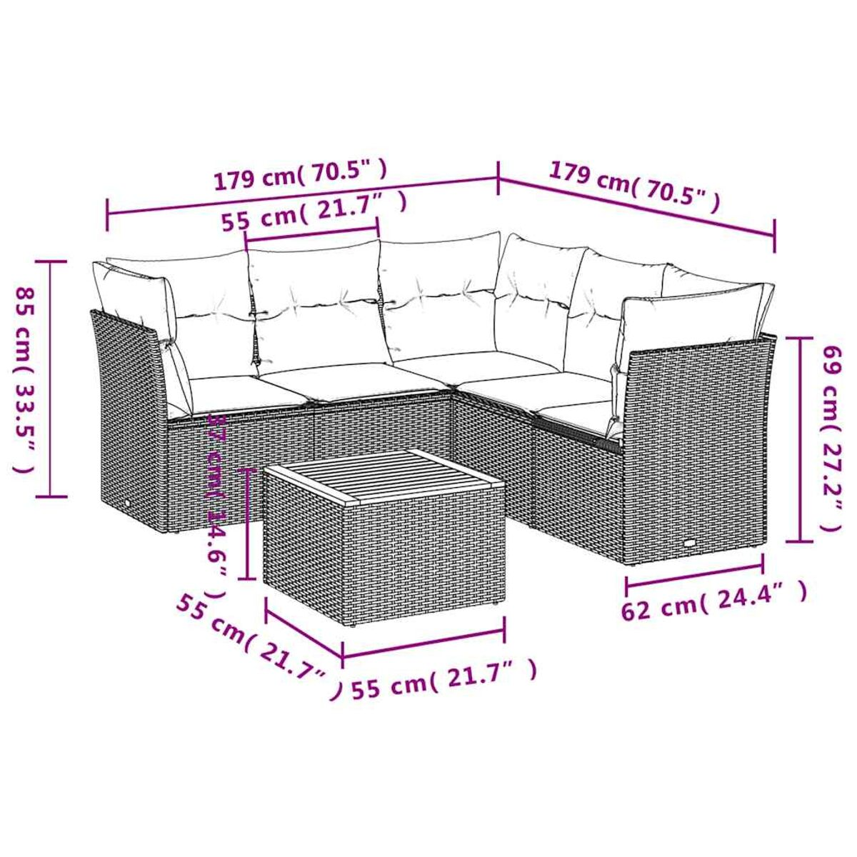 Divano a L in rattan con dimensioni. Include cuscini, tavolino.