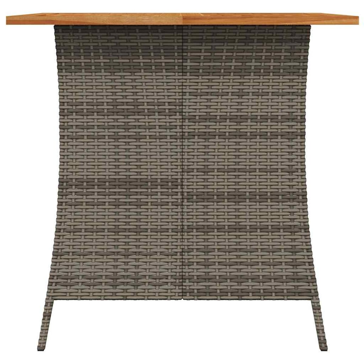 Bartisch für draußen mit Holzplatte. Der Sockel hat ein gewebtes Rattan-Design.