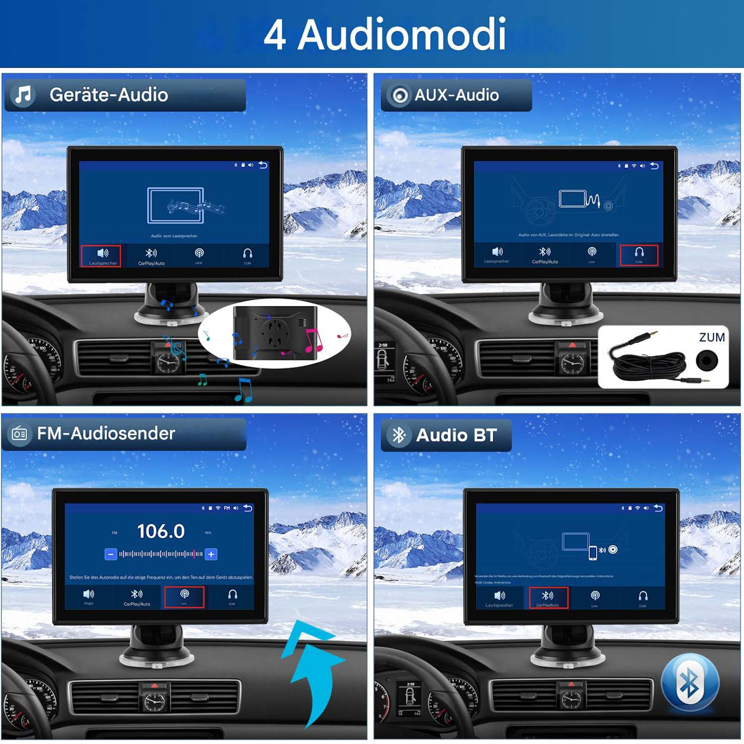 Vier Autoradio-Bildschirmschnittstellen, die jeweils verschiedene Audiomodi und Funktionen anzeigen.