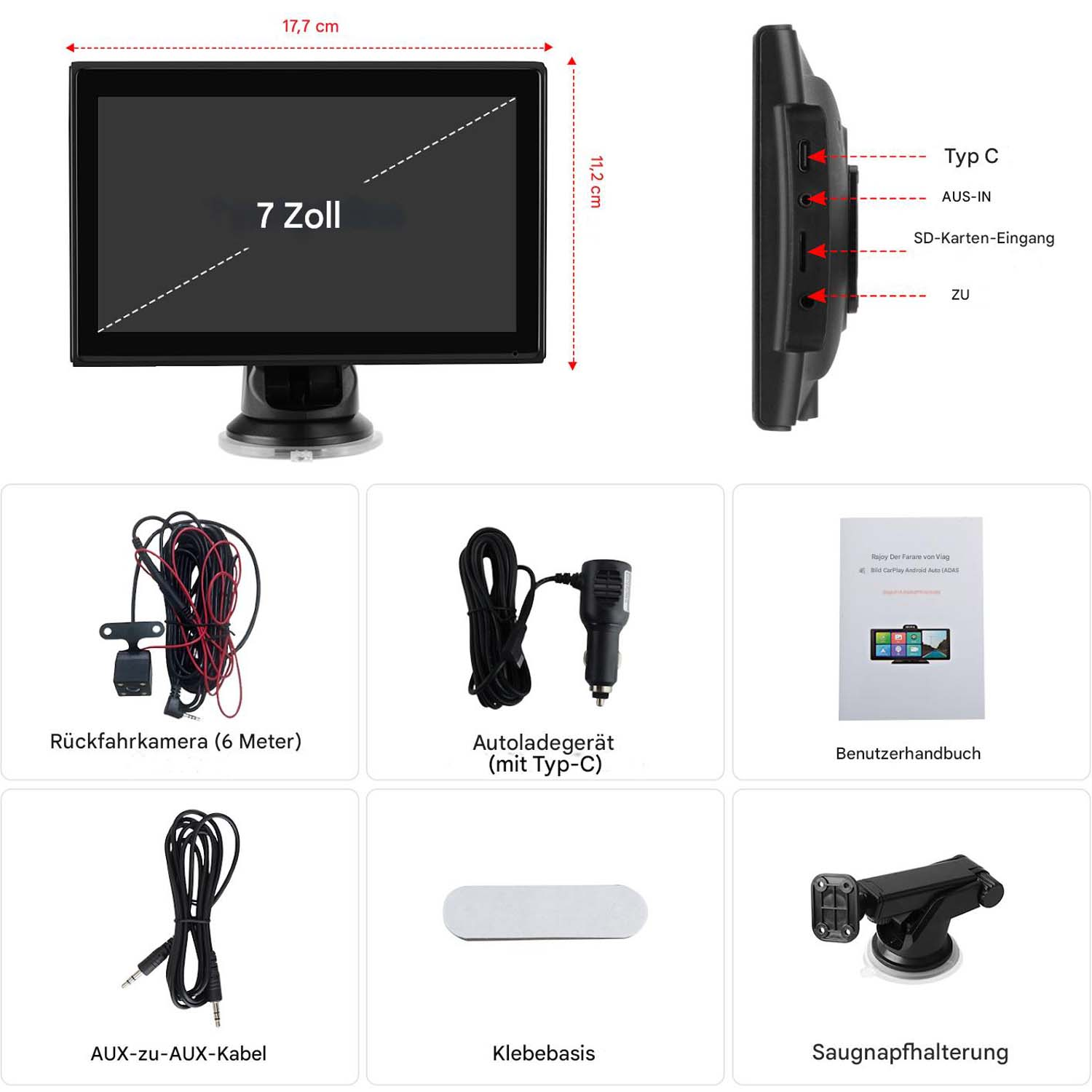 Dashboard-Monitor. Es zeigt den Bildschirm mit Abmessungen und Zubehör. Weißer Hintergrund.