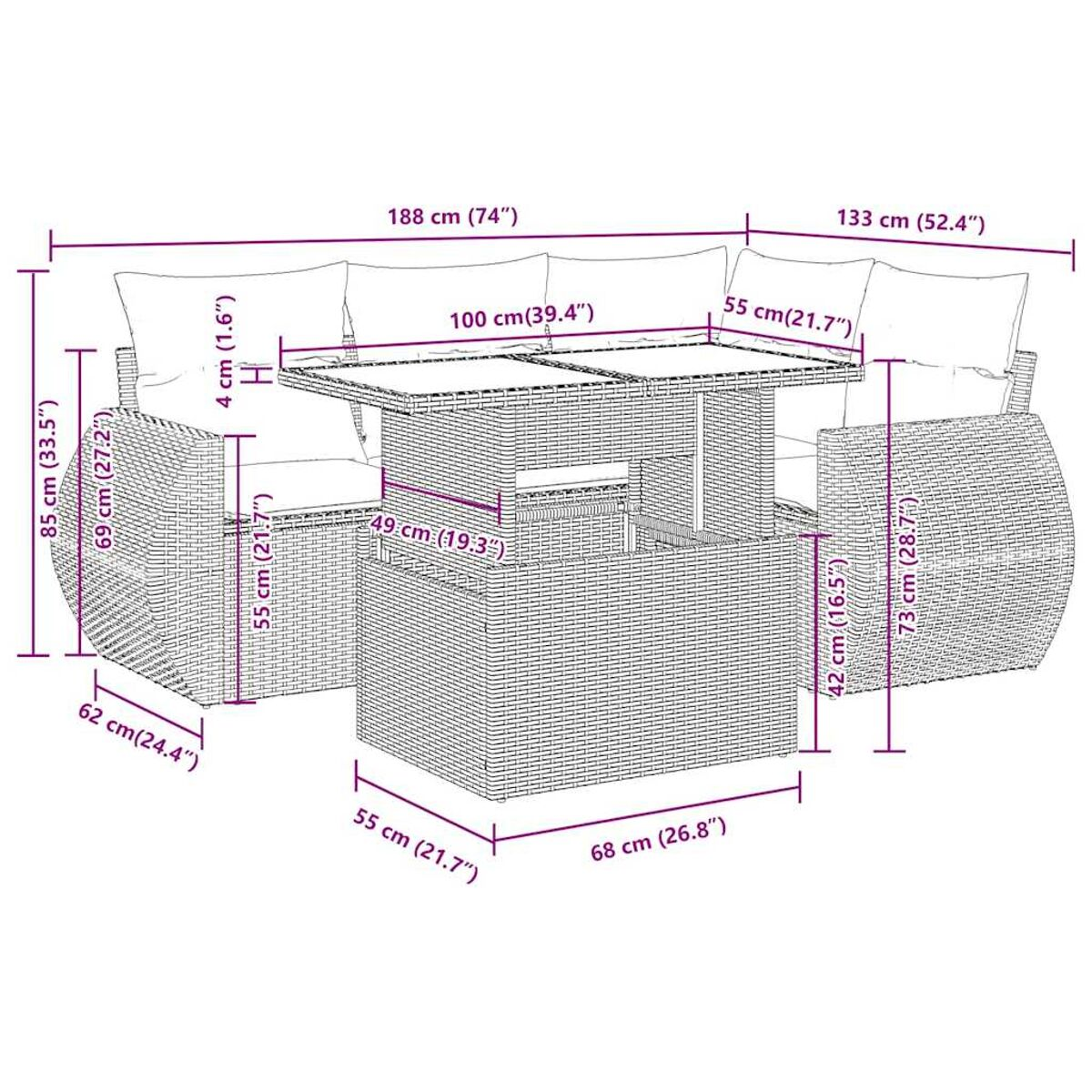 Un set da esterno in vimini con tavolo e sedute. Dimensioni con sfondo bianco.