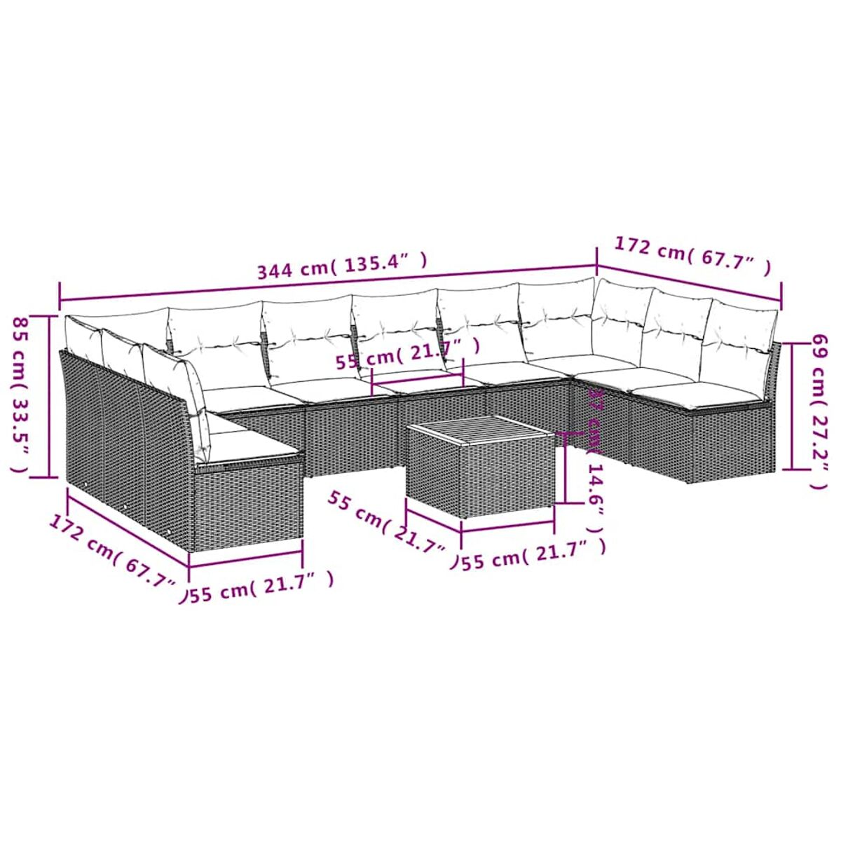 Diagramma di un divano componibile da esterno con dimensioni. Divano nero con cuscini bianchi.