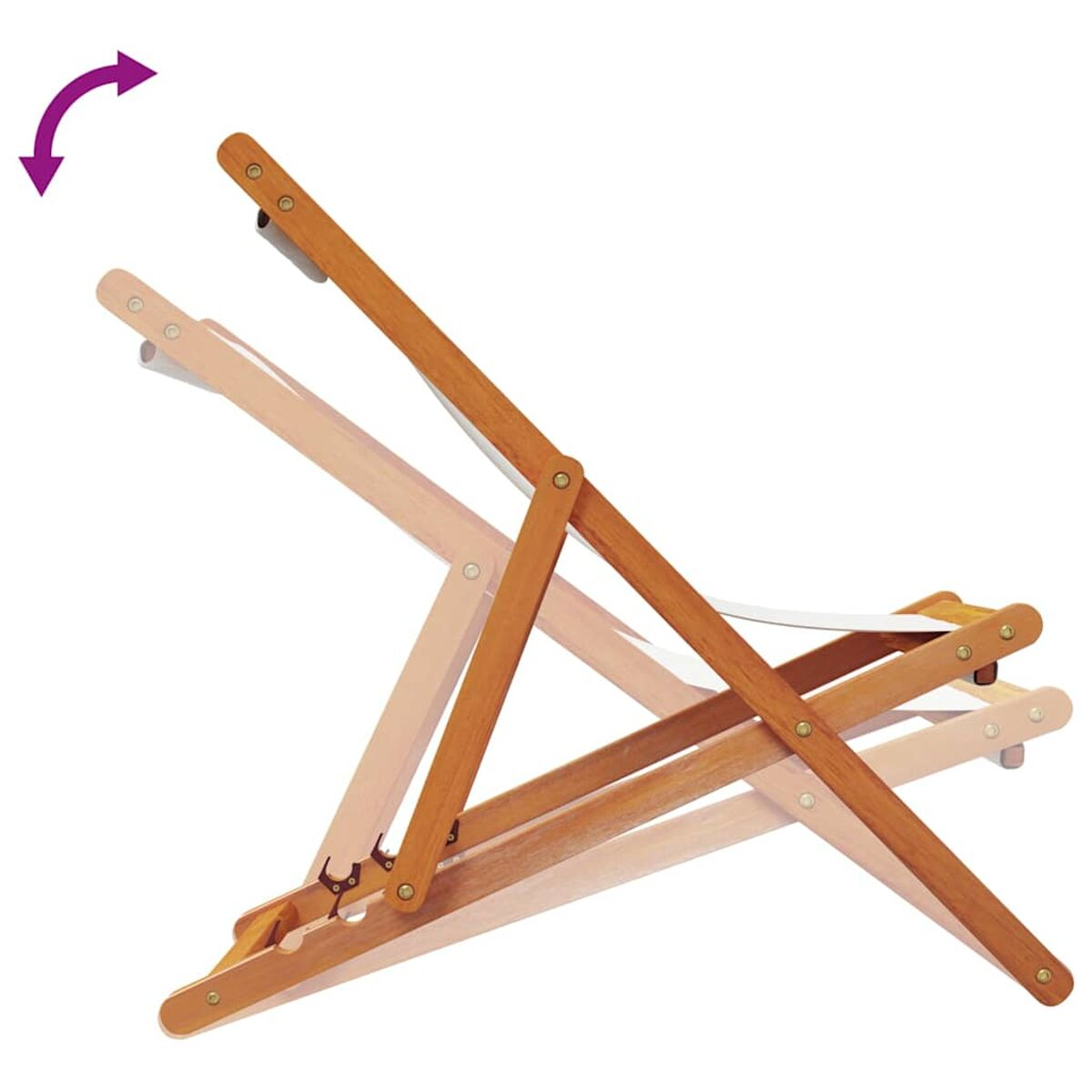 Holzstrandstuhl in verschiedenen Positionen, mit weißem Sitz.