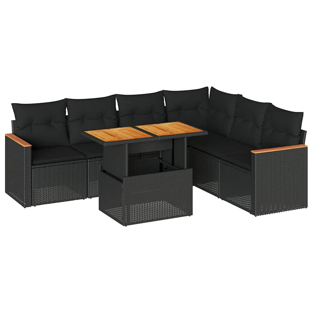 Set da esterno in rattan nero, divano angolare con tavolo. Cuscini neri, piano del tavolo in legno. Sfondo bianco.