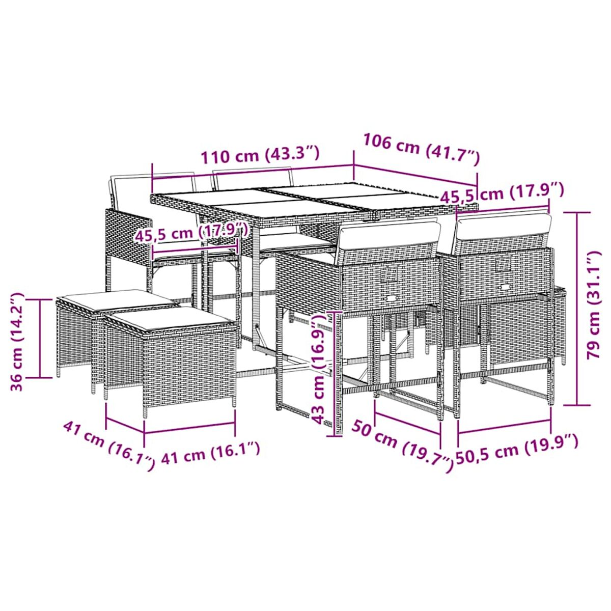 Set da pranzo da esterno in vimini con tavolo, sedie e sgabelli, dimensioni indicate.