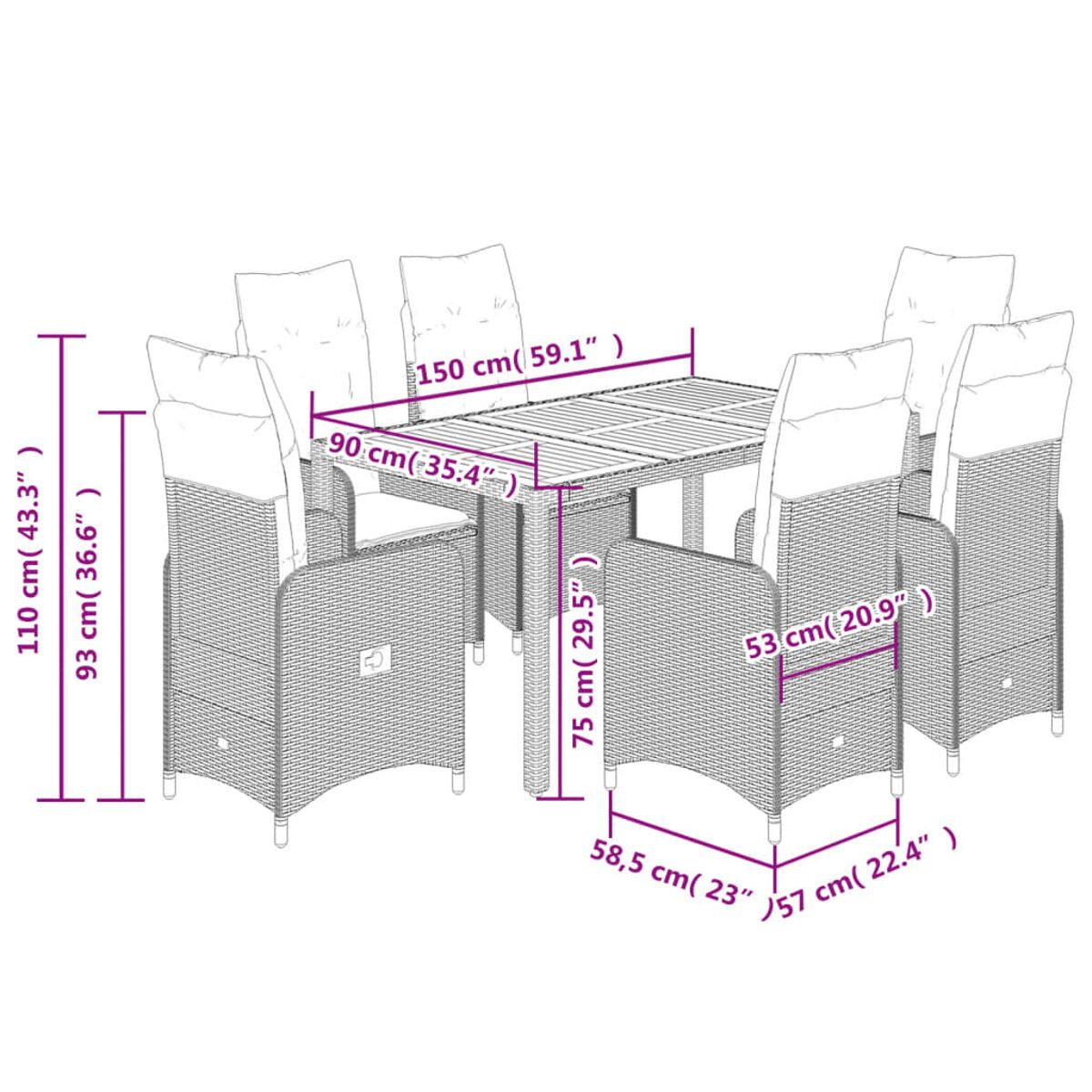Set da pranzo in rattan bianco con dimensioni. Tavolo con sei sedie. Misure in cm.