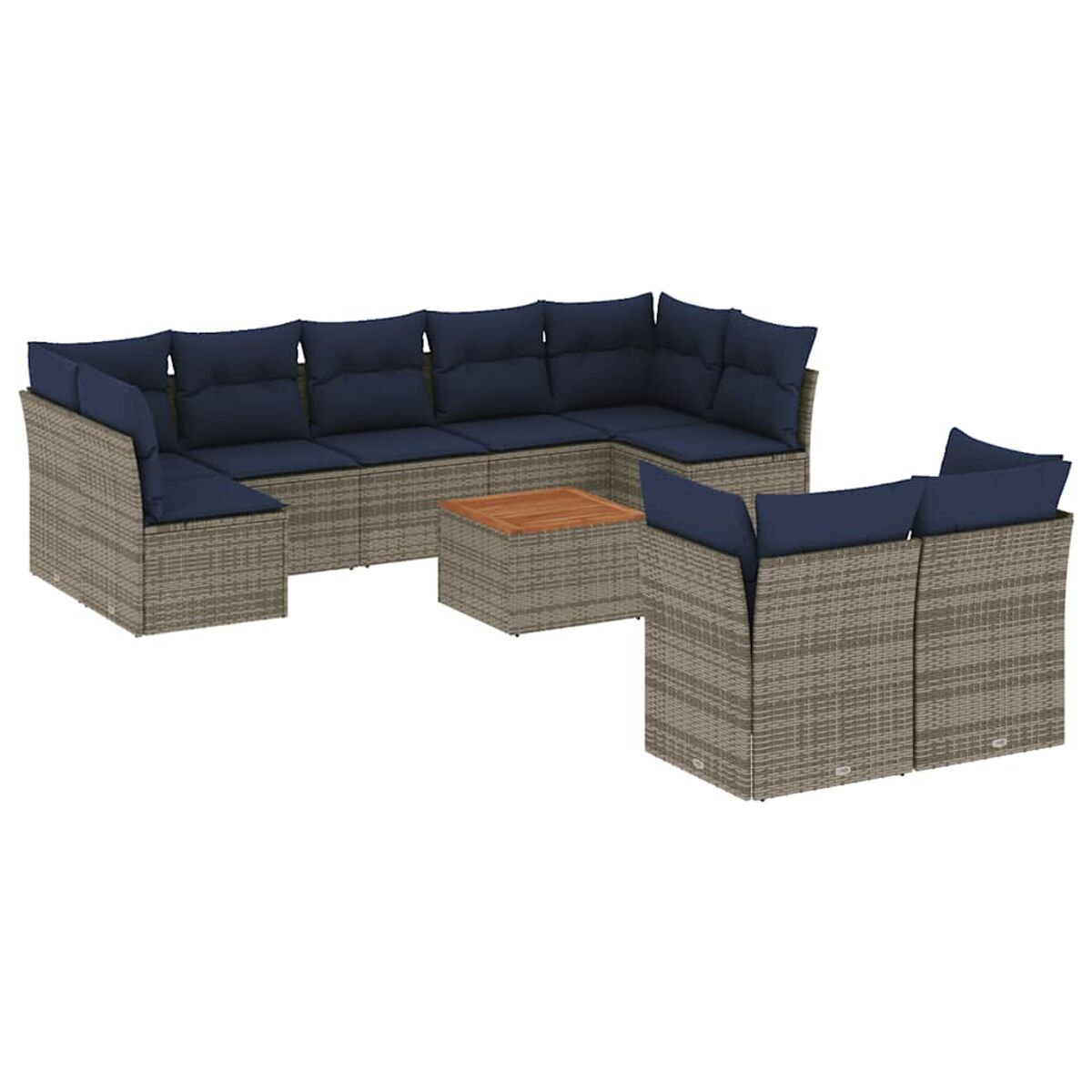Set da esterno in vimini beige con cuscini blu navy e un tavolo.
