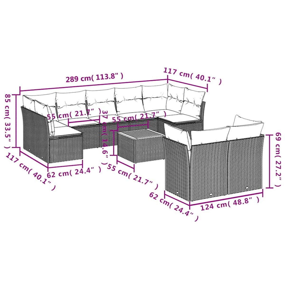 Un diagramma che mostra le dimensioni di un set di mobili da esterno in vimini con cuscini. Vengono etichettate varie misure.