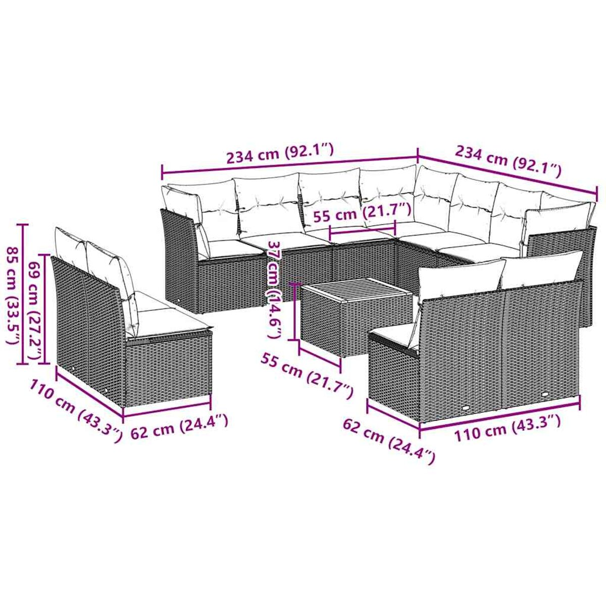 Diagramma di un ampio set di divani in vimini per esterni con dimensioni indicate in centimetri e pollici.