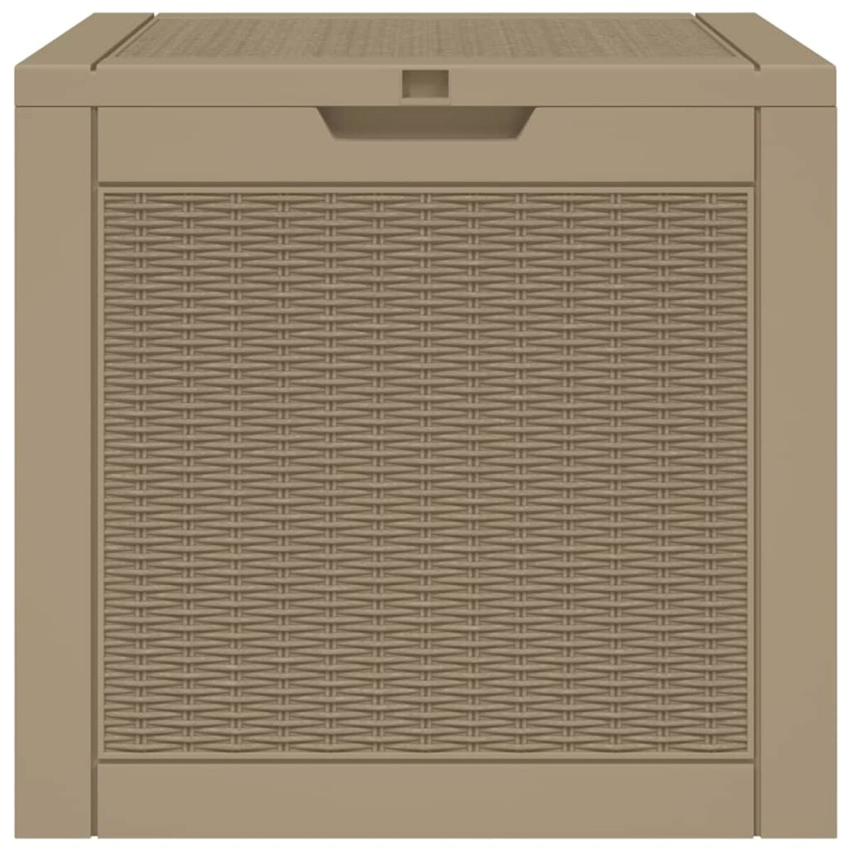 Eine rechteckige Aufbewahrungsbox mit einem gewebten Muster auf der Vorderseite in einem beigen Farbton.
