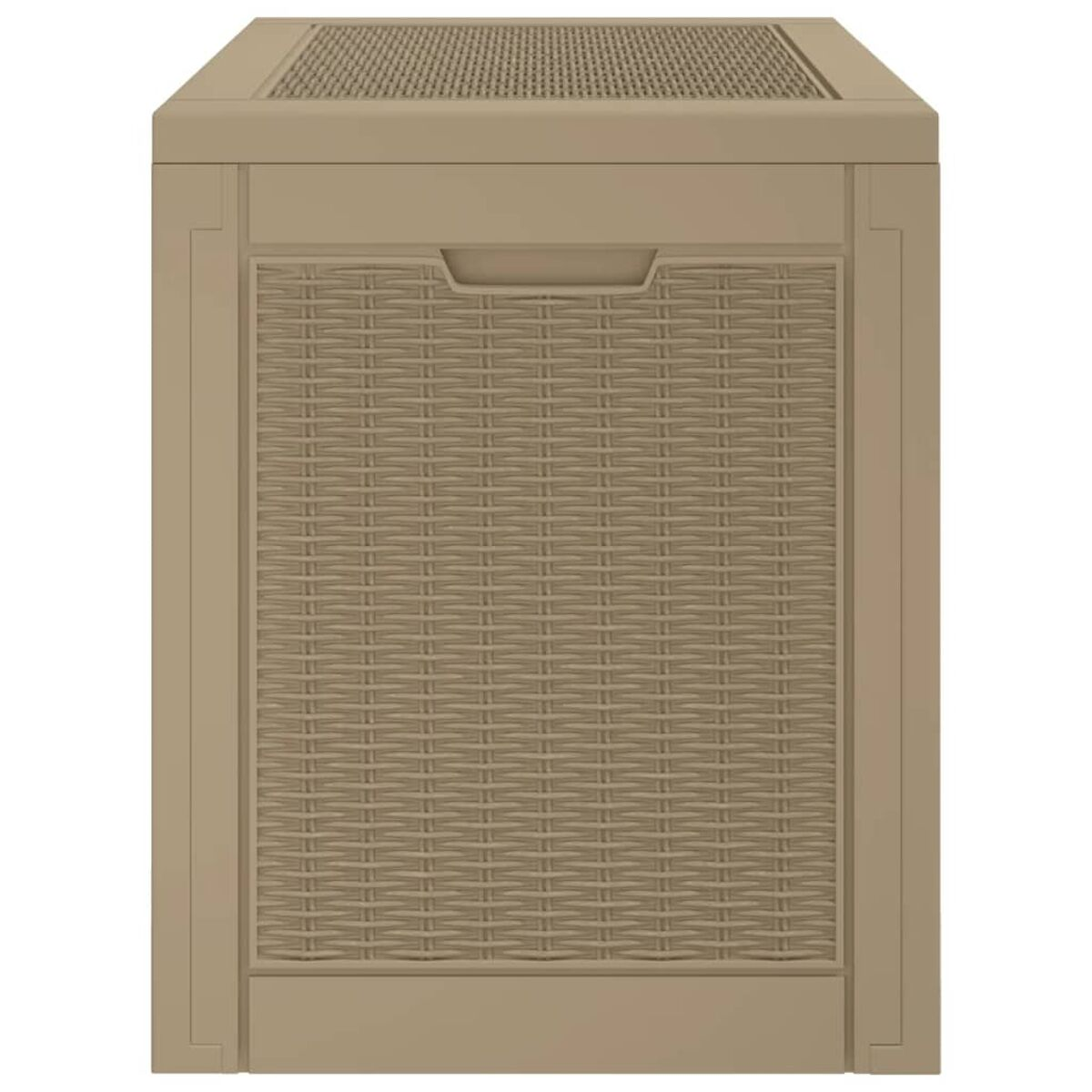 Beige Outdoor-Aufbewahrungsbox mit Griff, Webstruktur, rechteckiger Form und geschlossenem Deckel.
