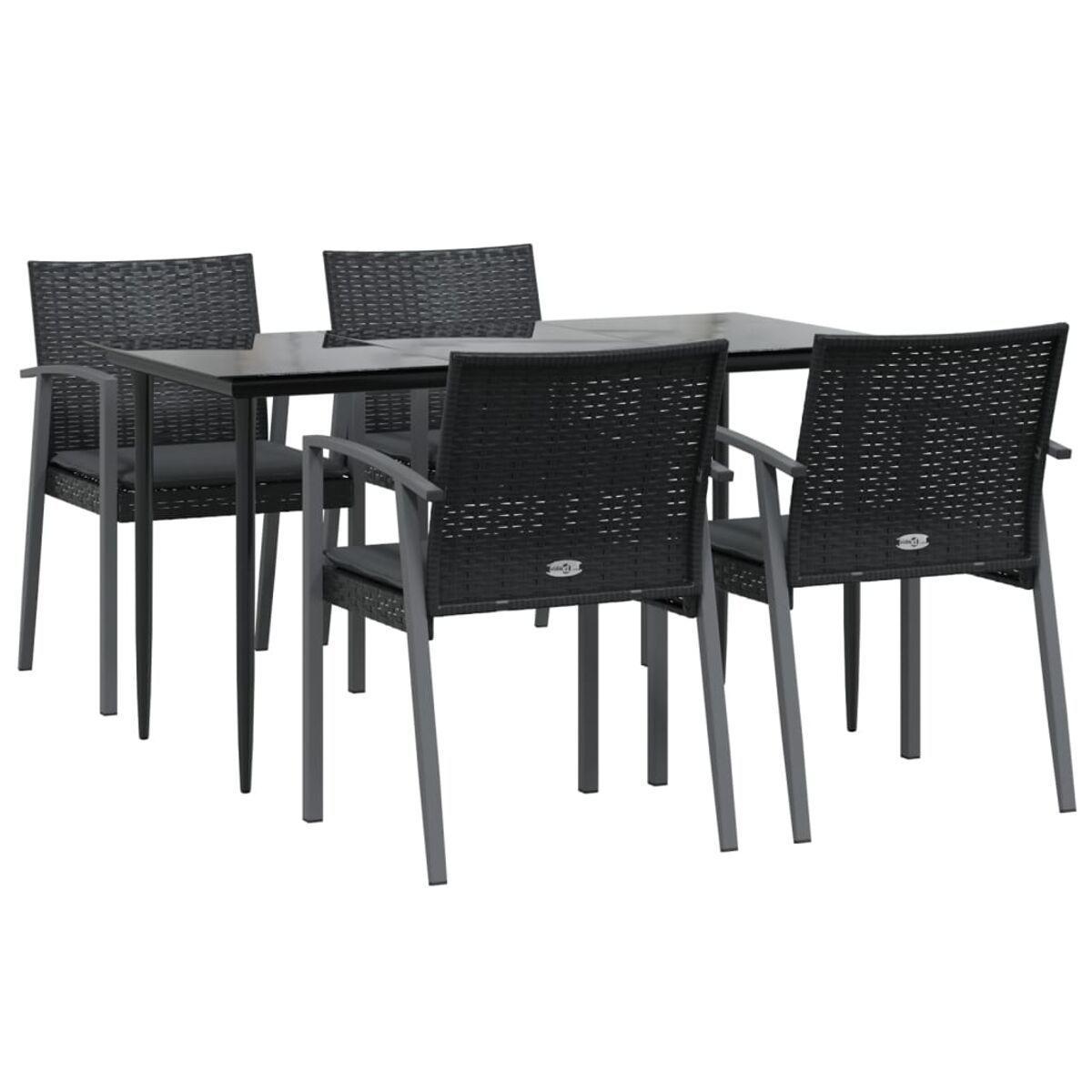 Essgruppe für den Außenbereich mit 5 schwarzen Stühlen und einem schwarzen Tisch. Graue Metallbeine.