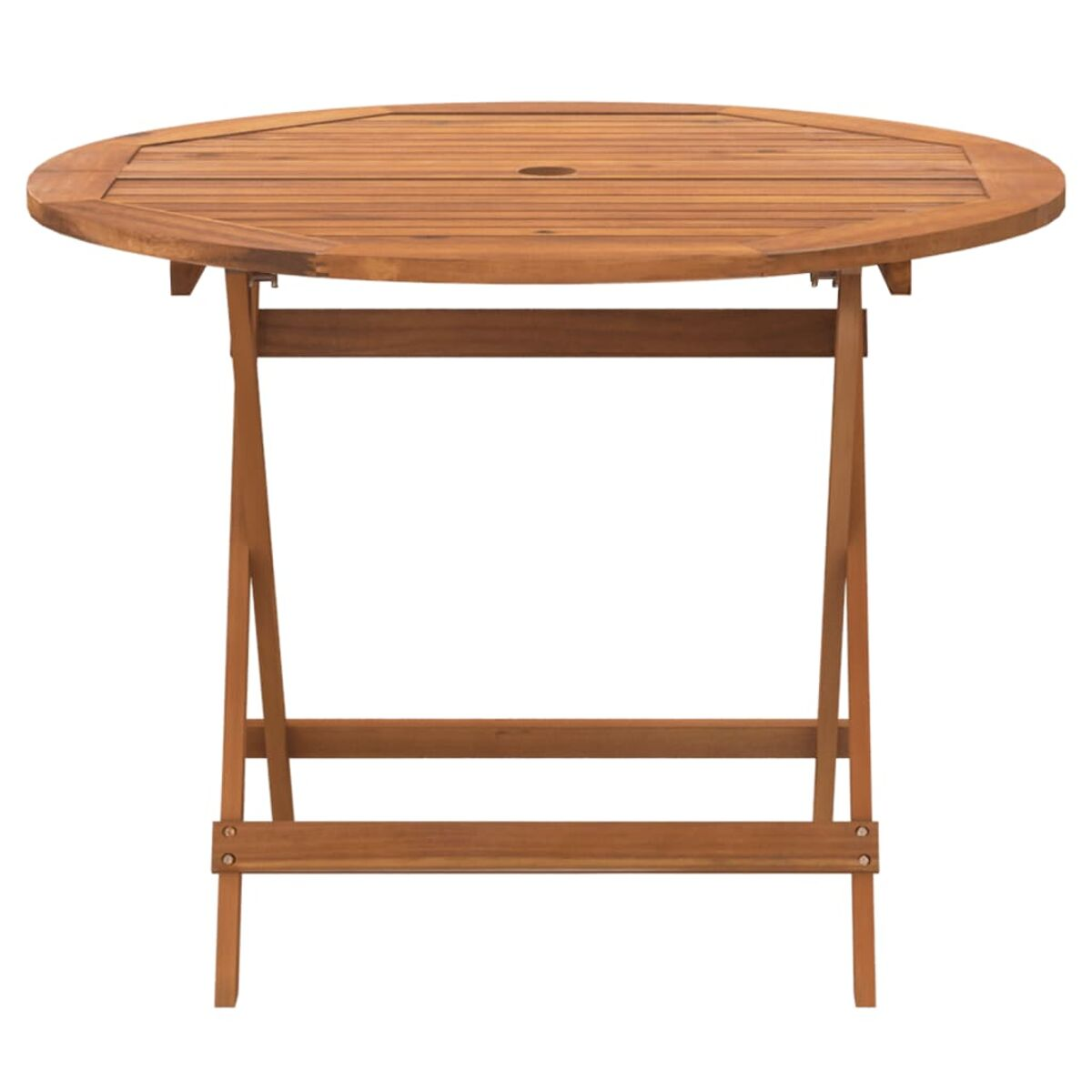 Runder Klapptisch aus Holz mit Loch in der Mitte, von vorne gesehen.