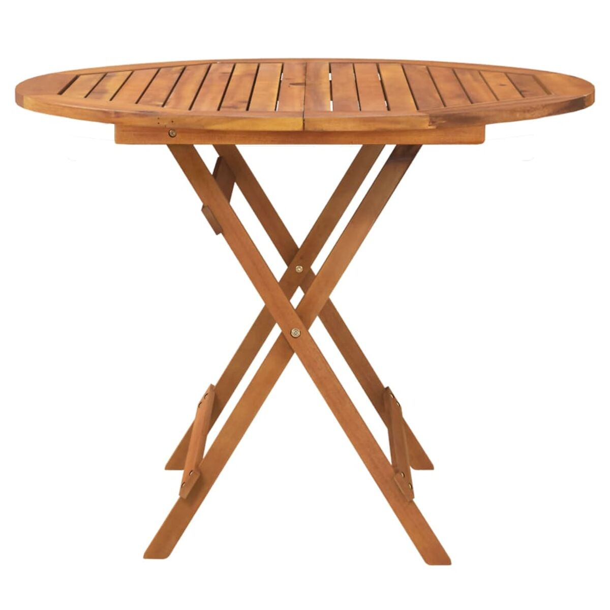 Klapptisch aus Holz, mit runder Platte und angewinkelten Beinen.