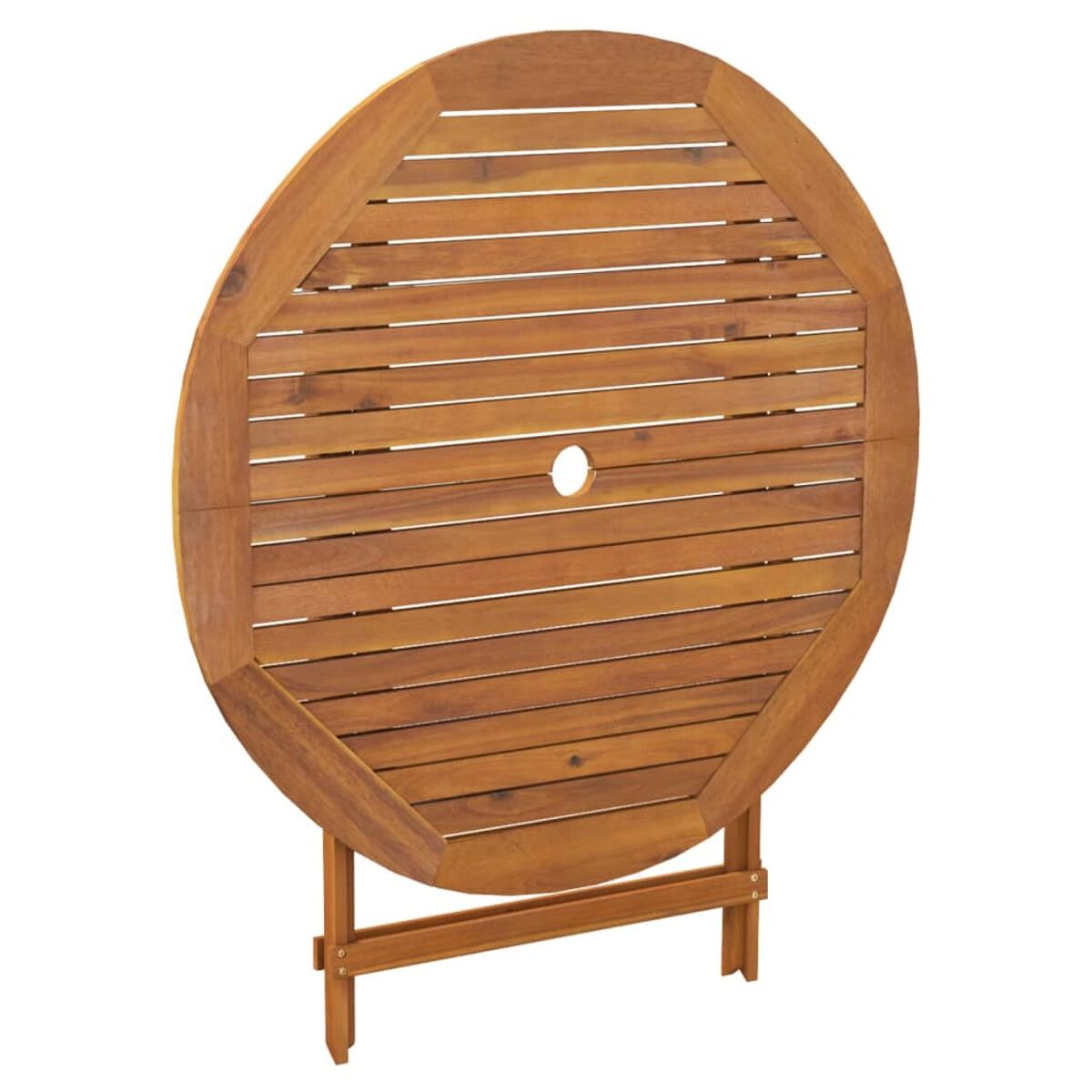 Ein runder Holztisch, aufgeklappt mit Lamellen, hat ein Loch in der Mitte.