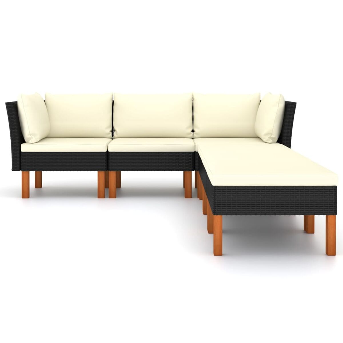L-förmiges Outdoor-Sofa mit cremefarbenen Kissen und Holzbeinen, auf weißem Hintergrund.